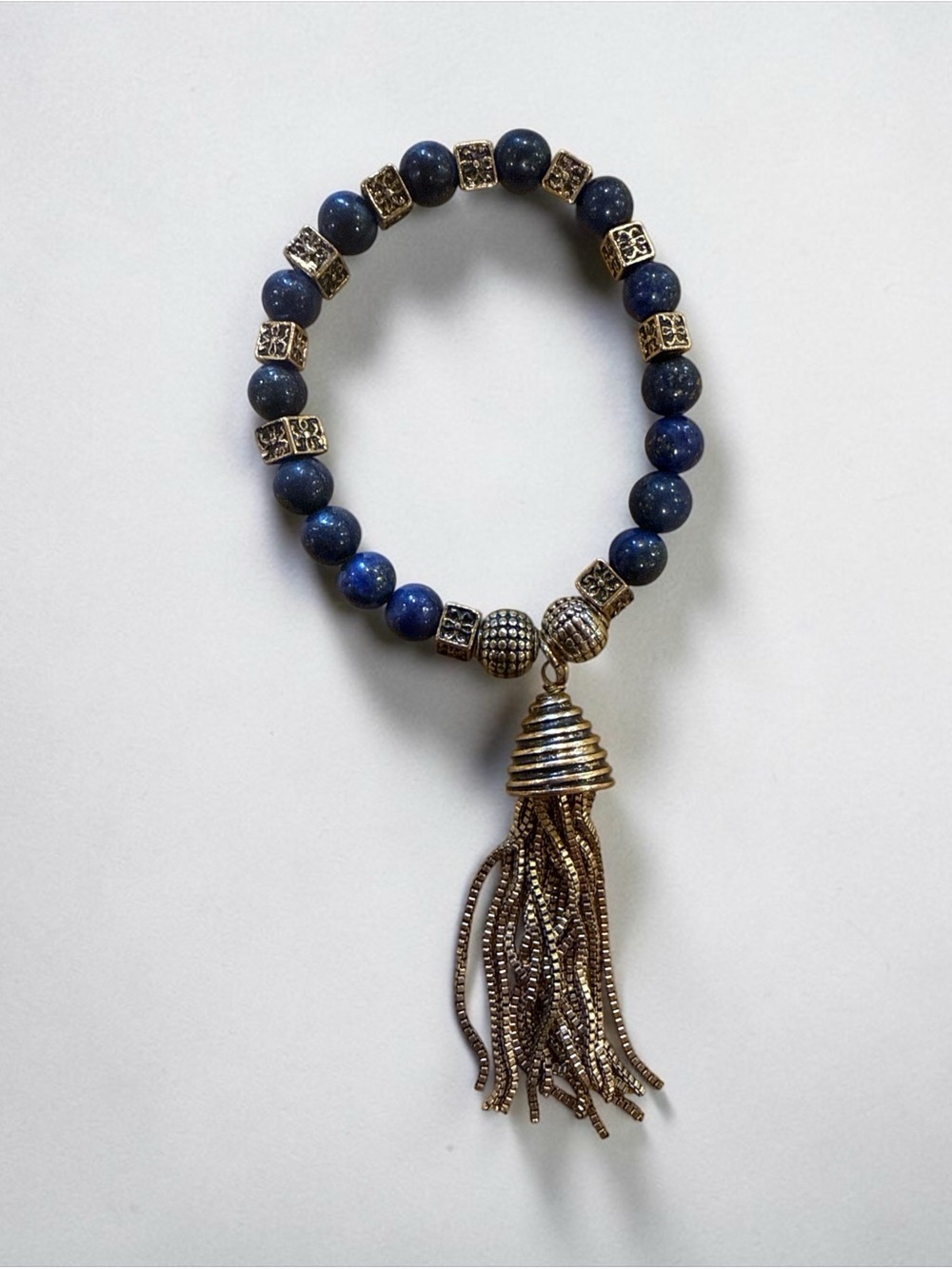 Lapis Stone Beaded Tassel Bracelet